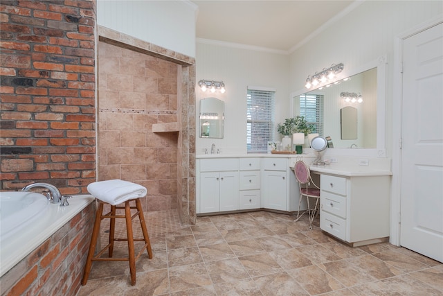 bathroom featuring tile floors, a relaxing tiled bath, ornamental molding, and oversized vanity