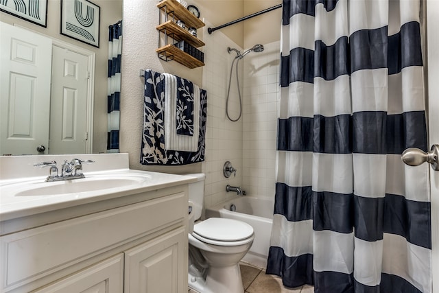 full bathroom featuring tile patterned floors, vanity, toilet, and shower / bathtub combination with curtain