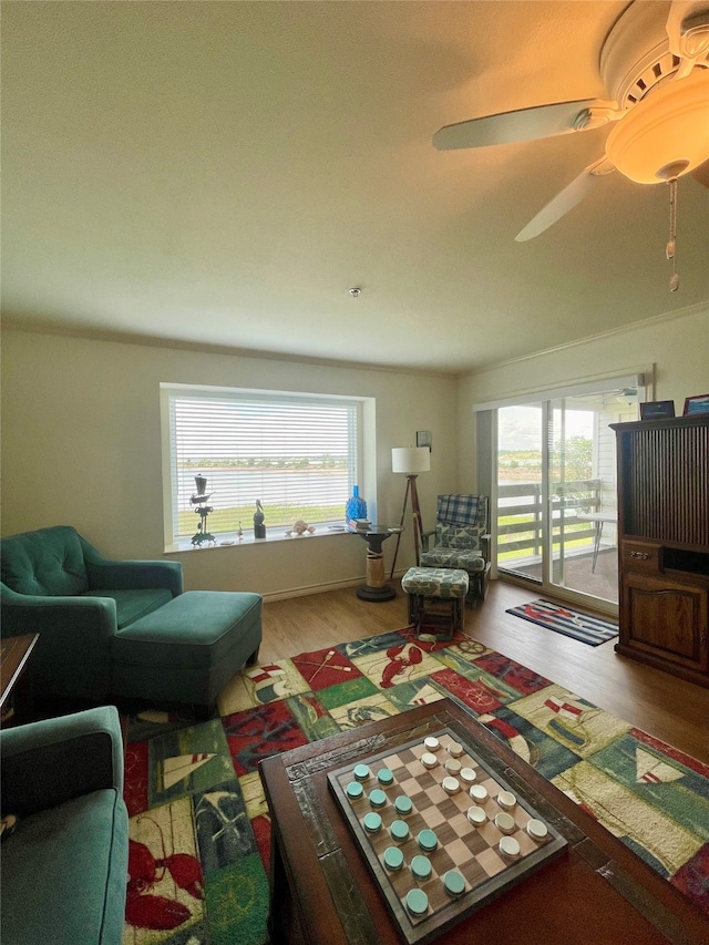 living room with plenty of natural light, ceiling fan, and wood-type flooring