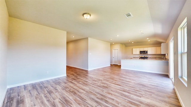 unfurnished living room featuring sink and light hardwood / wood-style floors