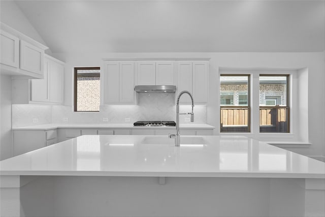 kitchen with light hardwood / wood-style floors, stainless steel appliances, tasteful backsplash, an island with sink, and white cabinets