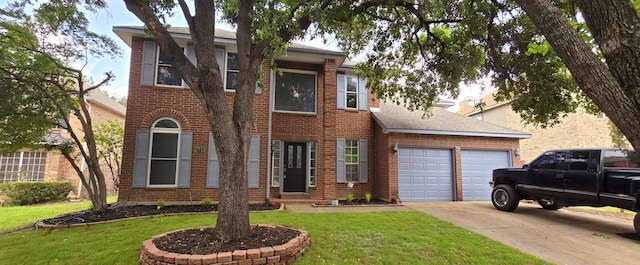 view of front of home with a garage, concrete driveway, brick siding, and a front yard