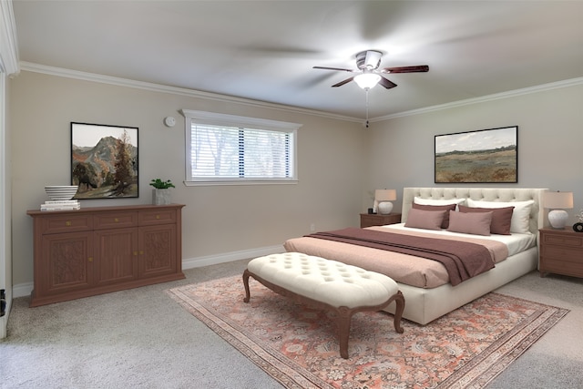 carpeted bedroom with ceiling fan and crown molding