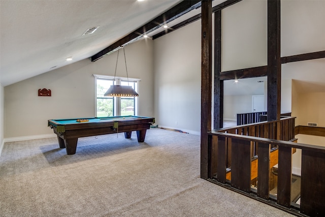 playroom featuring carpet flooring, vaulted ceiling with beams, and billiards