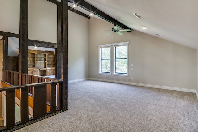 additional living space featuring carpet flooring, vaulted ceiling with beams, and ceiling fan