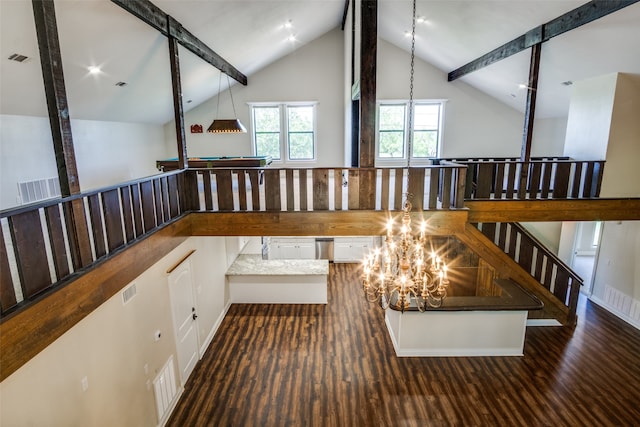 stairs featuring wood-type flooring, high vaulted ceiling, beamed ceiling, a chandelier, and pool table