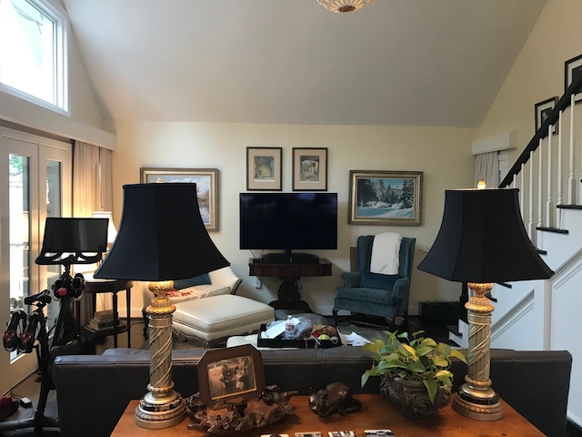 living room featuring lofted ceiling