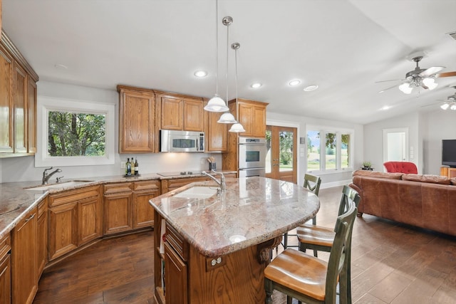 kitchen featuring stainless steel appliances, sink, an island with sink, and dark hardwood / wood-style floors