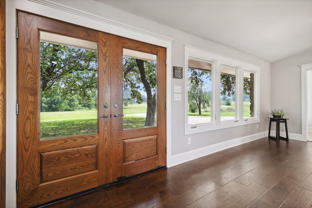 doorway featuring lofted ceiling, dark wood-type flooring, french doors, and plenty of natural light