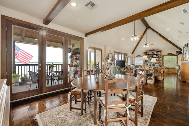 dining area featuring ceiling fan, a healthy amount of sunlight, french doors, and dark wood-type flooring