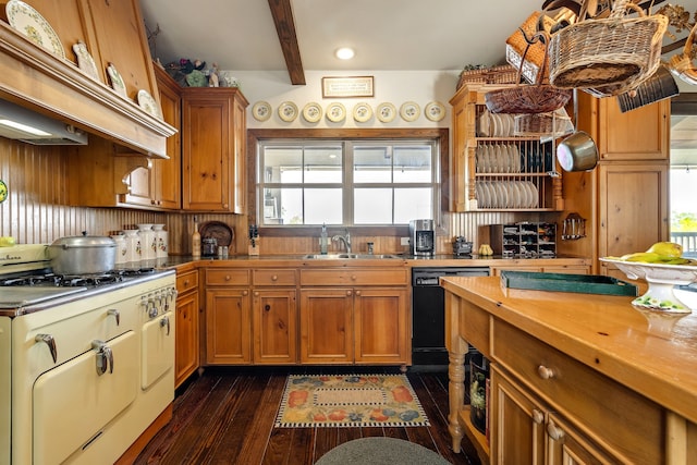 kitchen with beamed ceiling, dishwasher, a wealth of natural light, and custom exhaust hood