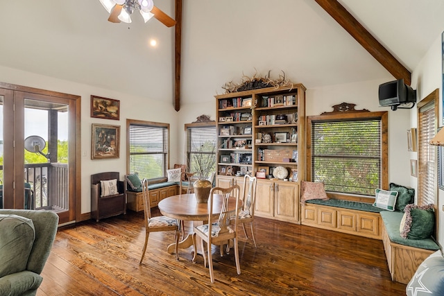 dining space featuring a wealth of natural light, hardwood / wood-style floors, ceiling fan, and beam ceiling