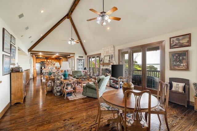 dining space with dark hardwood / wood-style floors, high vaulted ceiling, ceiling fan, and beam ceiling