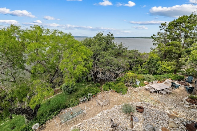 exterior space with a water view