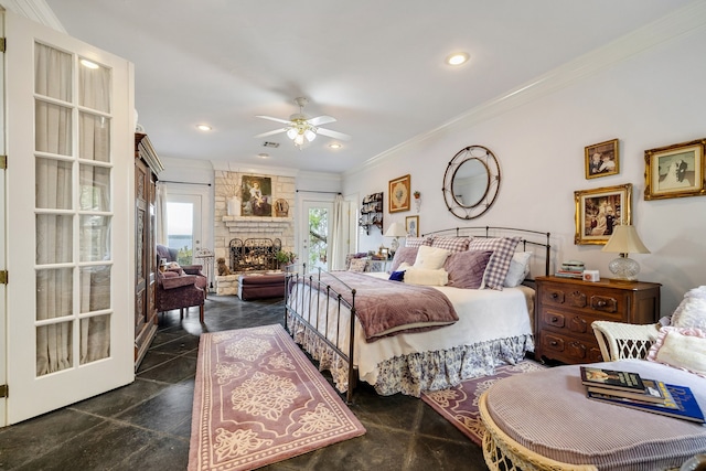 tiled bedroom with ceiling fan, a fireplace, and crown molding