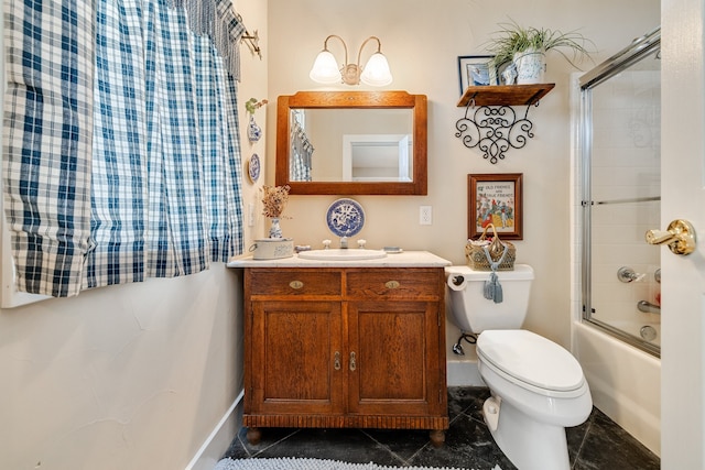 full bathroom featuring enclosed tub / shower combo, tile floors, vanity, and toilet