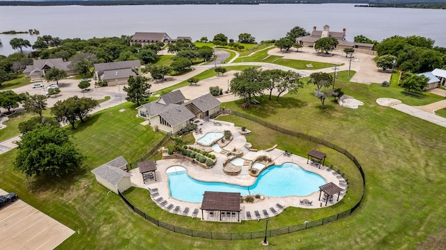 drone / aerial view featuring a water view