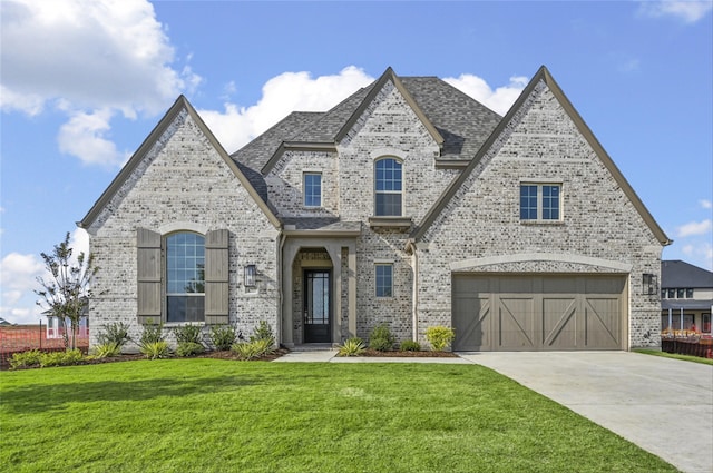 view of front of property featuring a garage and a front lawn