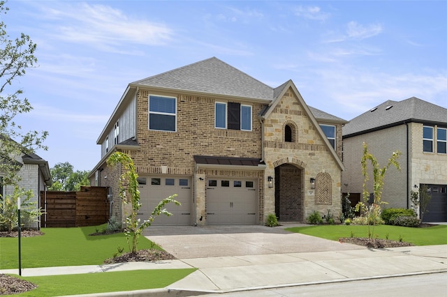 view of front of house featuring fence, concrete driveway, a shingled roof, a garage, and brick siding