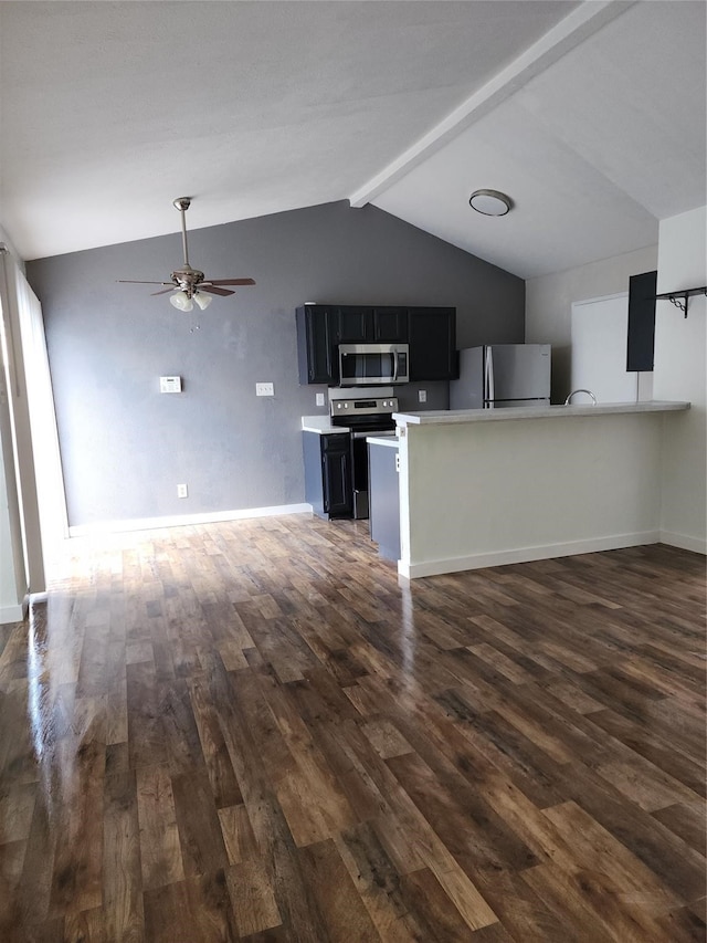 unfurnished living room featuring ceiling fan, vaulted ceiling with beams, and dark hardwood / wood-style flooring