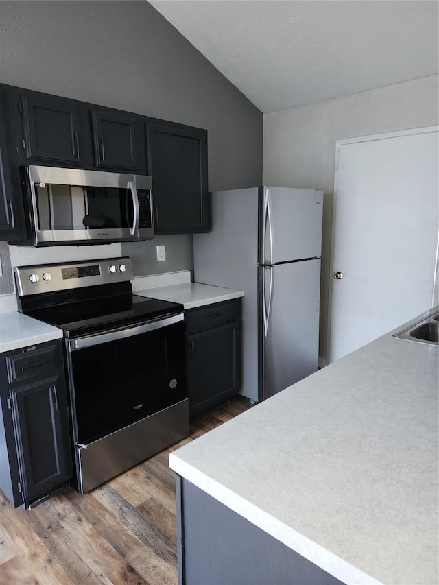 kitchen featuring hardwood / wood-style flooring, vaulted ceiling, and stainless steel appliances