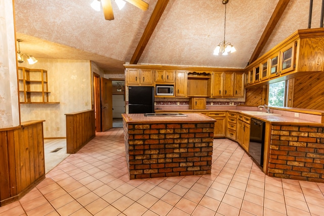 kitchen with vaulted ceiling with beams, black appliances, ceiling fan with notable chandelier, a kitchen island, and light tile floors