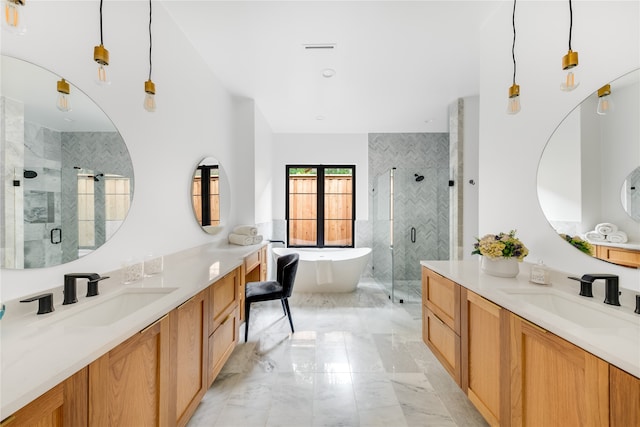 bathroom featuring vanity and plus walk in shower