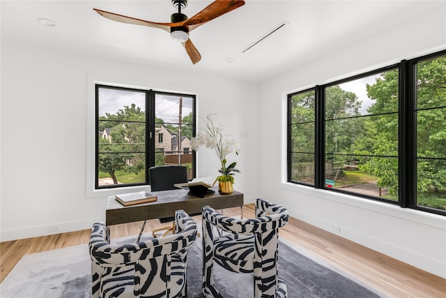 office space featuring ceiling fan, hardwood / wood-style flooring, and plenty of natural light