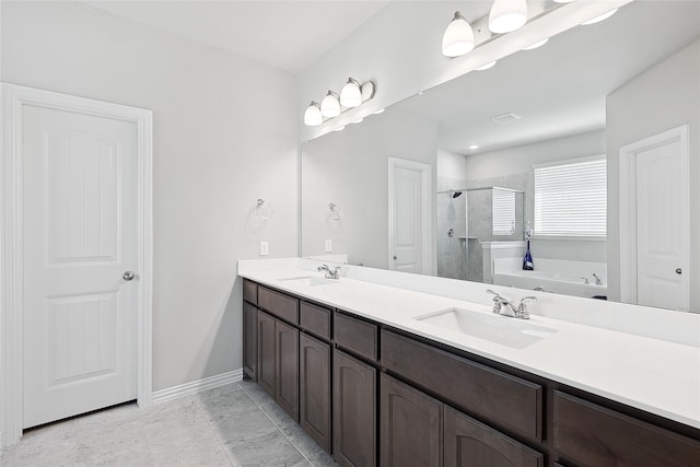 bathroom with shower with separate bathtub, tile patterned flooring, and dual bowl vanity