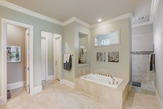 bathroom featuring tile patterned flooring, ornamental molding, vanity, and walk in shower