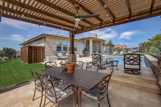 view of patio featuring a fenced in pool, a pergola, and ceiling fan