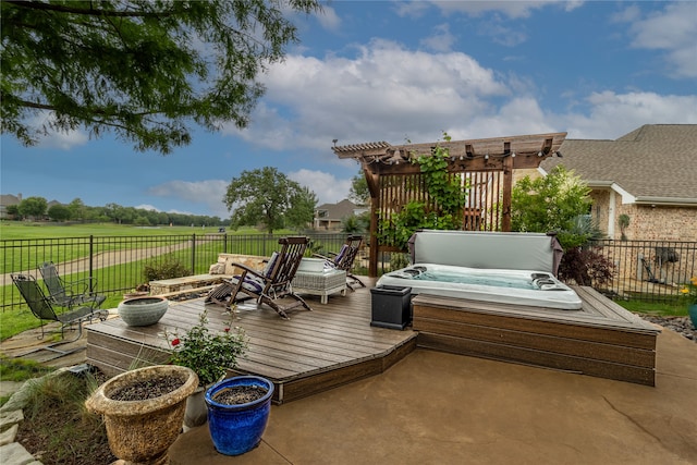 view of patio featuring a hot tub, a pergola, and a deck