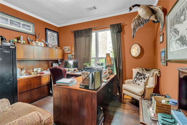 office featuring dark hardwood / wood-style flooring and crown molding