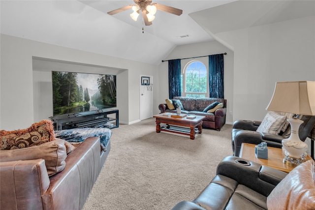 living room featuring carpet flooring, vaulted ceiling, and ceiling fan