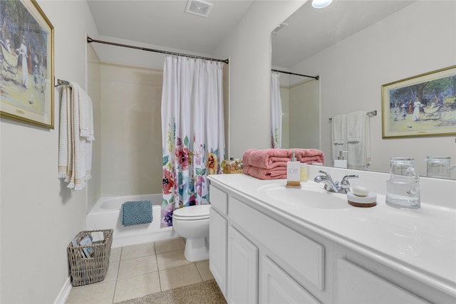 full bathroom featuring tile floors, shower / tub combo with curtain, toilet, and vanity