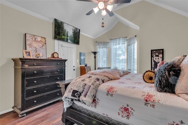 bedroom featuring ceiling fan, crown molding, hardwood / wood-style flooring, and lofted ceiling