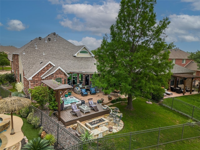 exterior space featuring a pool, a patio area, and a lawn