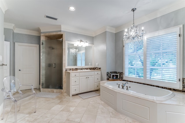 bathroom with plus walk in shower, tile flooring, ornamental molding, and vanity