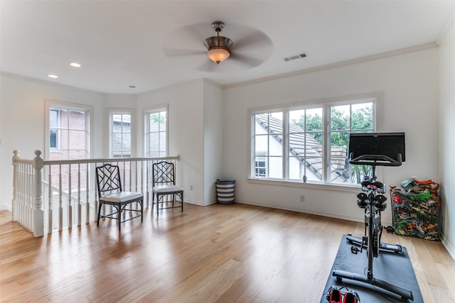 exercise area with a healthy amount of sunlight, light wood-type flooring, and crown molding