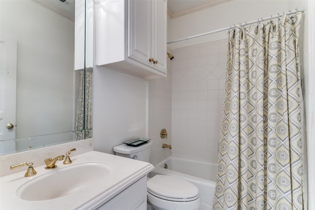 full bathroom with shower / bathtub combination with curtain, crown molding, toilet, and vanity