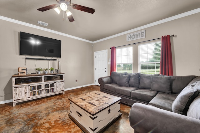 living room featuring ceiling fan and ornamental molding