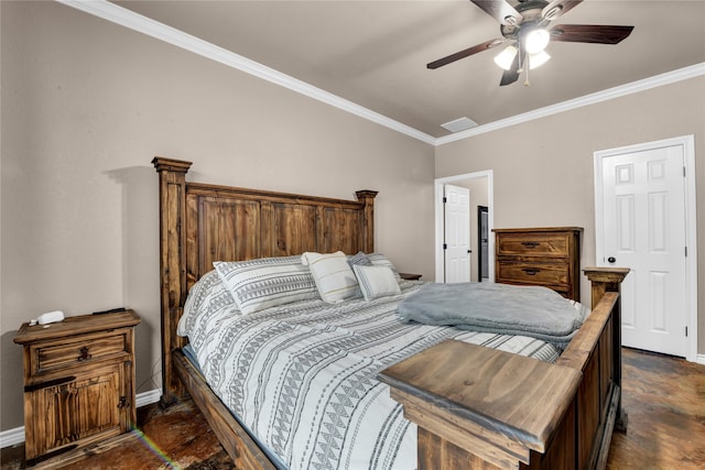 bedroom featuring ornamental molding and ceiling fan