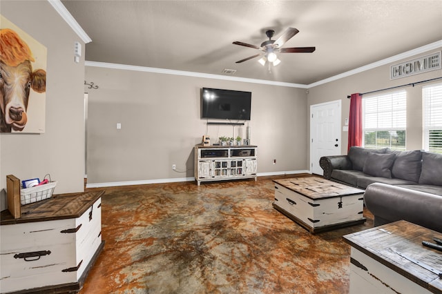 living room with ornamental molding and ceiling fan