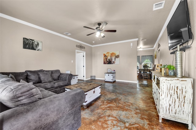 living room with ceiling fan and crown molding