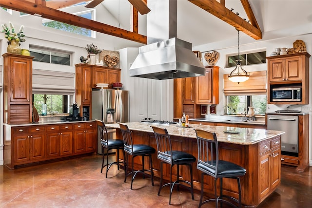 kitchen with island exhaust hood, a wealth of natural light, a center island with sink, and stainless steel appliances