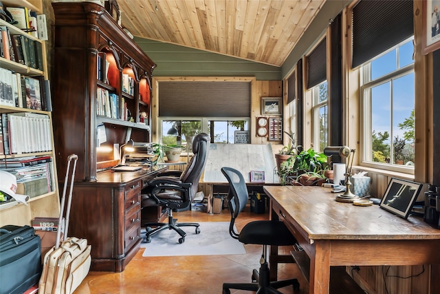 office area featuring wooden walls, wood ceiling, and vaulted ceiling