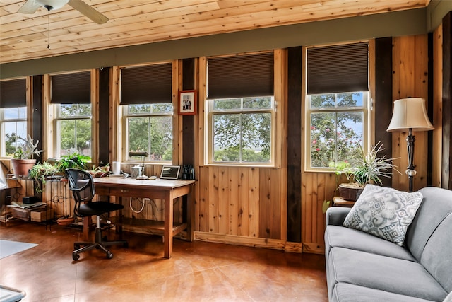 sunroom featuring ceiling fan, wood ceiling, and a wealth of natural light