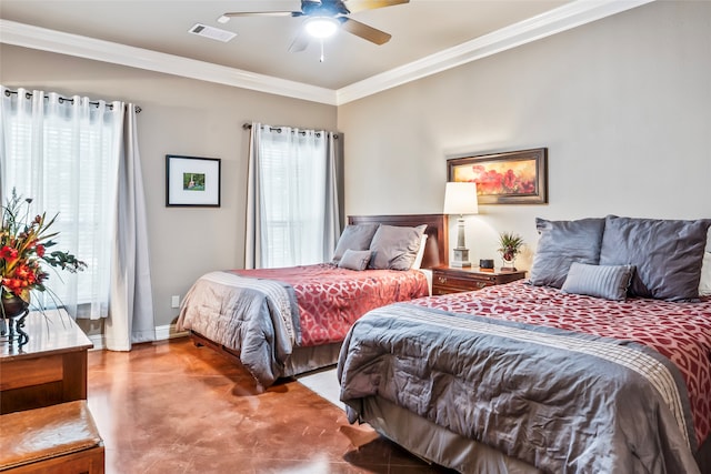 bedroom with ceiling fan and ornamental molding