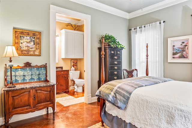 bedroom featuring light hardwood / wood-style flooring, ensuite bath, and ornamental molding