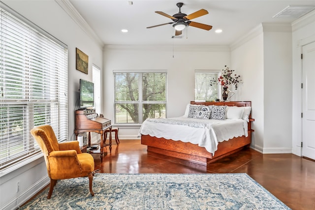 bedroom with ceiling fan and crown molding